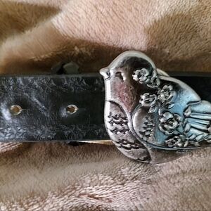 Black Leather Belt with Silver Bird Buckle